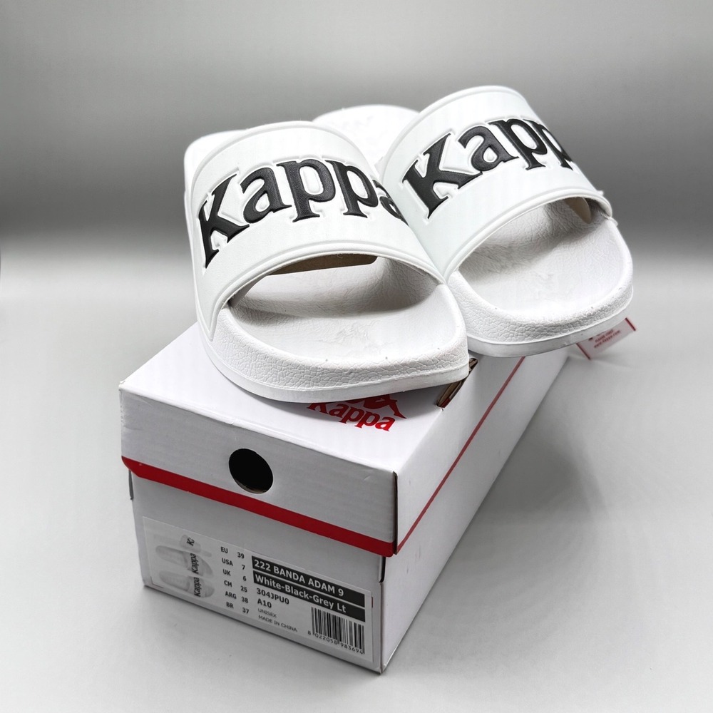 Kappa 222 Banda Adam 9 White-Black-Grey Lt Slide Sandals Unisex EU 39 US 7-NIB